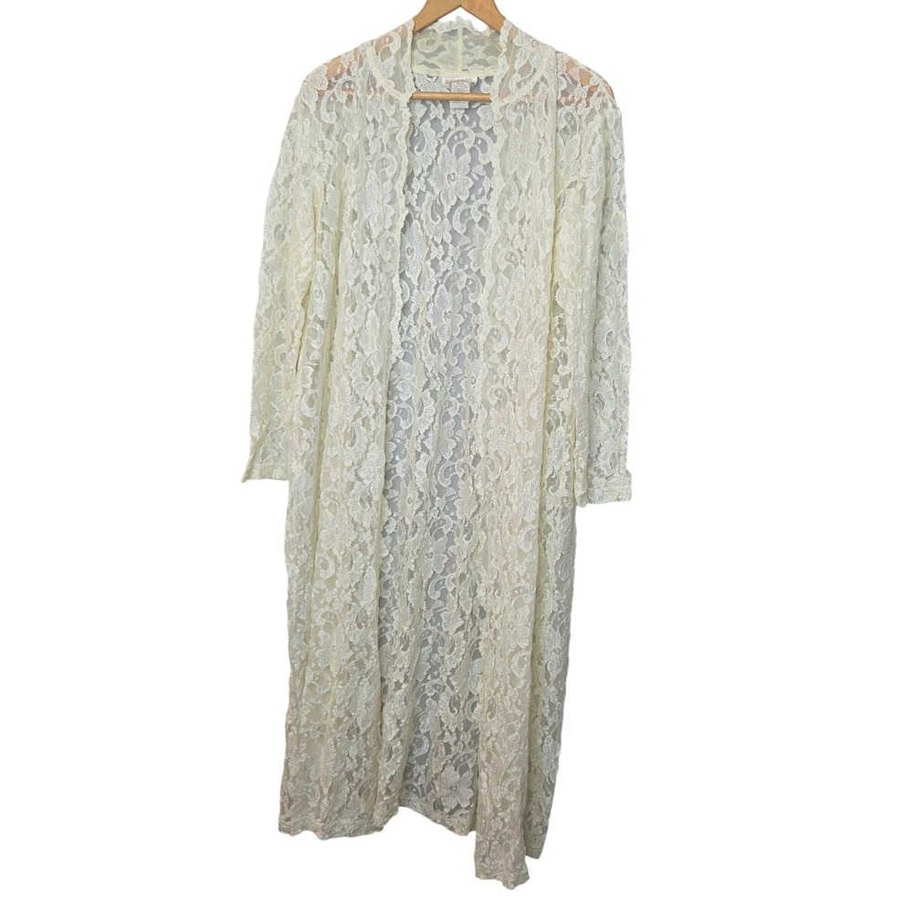 Roamans Vintage Ivory Floral Lace Duster Cardigan Maxi Robe One Size Plus 20W